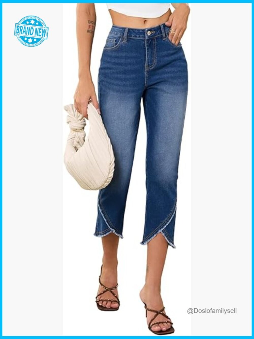 High Waisted Stretchy Cropped Skinny Jeans Trendy Raw Hem Capri Pants with
